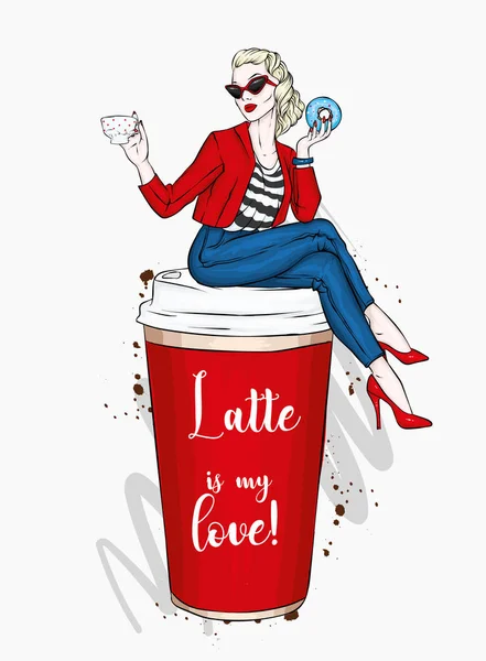 Bella Ragazza Seduta Bicchiere Caffè Illustrazione Vettoriale Una Cartolina Poster — Vettoriale Stock