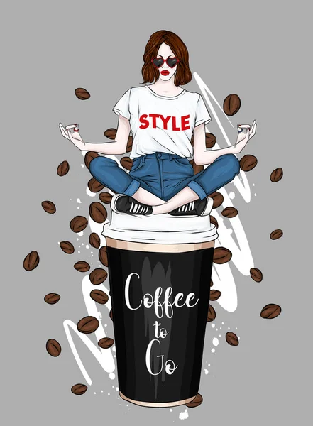 Mooi Meisje Zit Een Glas Koffie Vector Illustratie Voor Een — Stockvector