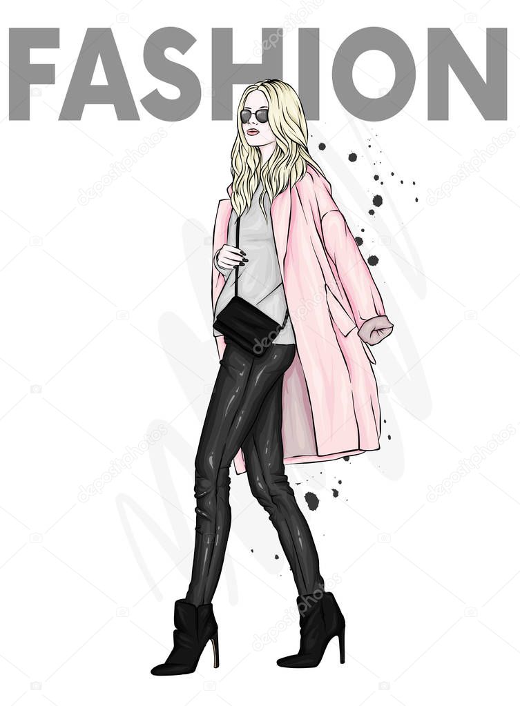 Beautiful, tall and slender girl in a stylish coat, trousers, glasses, with glasses. Stylish woman in high-heeled shoes. Fashion & Style. Vector illustration.
