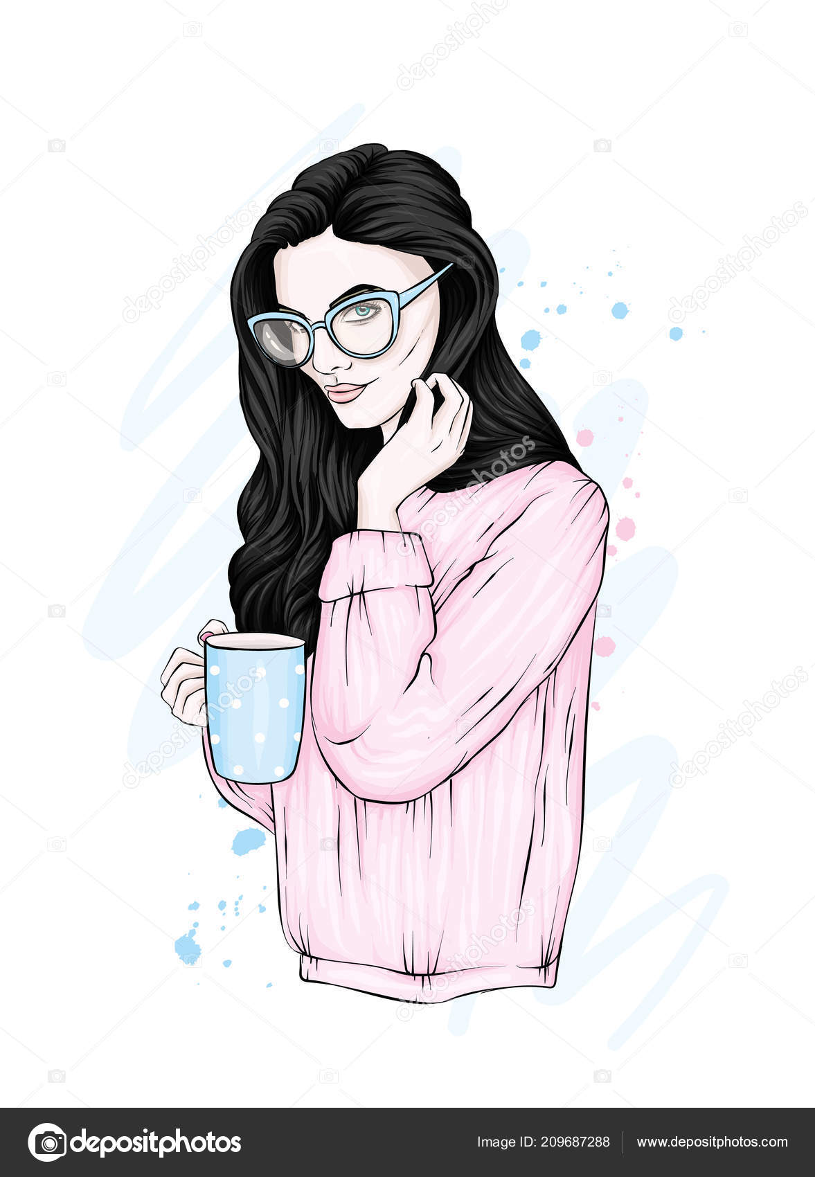 Beautiful Girl Long Hair Glasses Warm Sweater Girl Cup