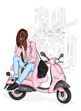 Şık bir ceket, kot pantolon ve ayakkabı güzel kız. Vektör çizim için bir kartpostal veya bir poster. Moda ve stil, giyim ve aksesuarları. Şakayık ve gül buketi. Çiçekler. Vintage motosiklet.