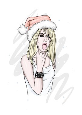 Noel şapkalı güzel kız. Vektör çizim bir kartpostal veya poster, giysiler için yazdırma için. Yeni yıl ve Noel, moda ve stil. Noel Baba.