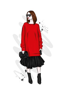 Uzun bacaklı şık bir etek, Gözlük, bluz ve yüksek topuklu ayakkabı ile güzel, uzun boylu bir kız. Şık bir görünüm. Giysi ve aksesuarları. Vektör çizim.