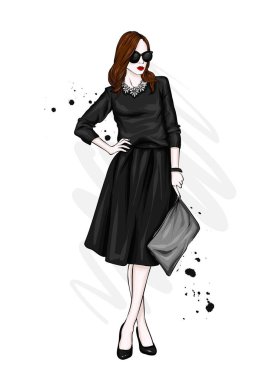 Uzun bacaklı şık bir etek, Gözlük, bluz ve yüksek topuklu ayakkabı ile güzel, uzun boylu bir kız. Şık bir görünüm. Giysi ve aksesuarları. Vektör çizim.