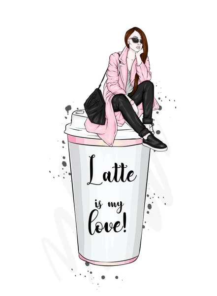 Hermosa Chica Está Sentada Vaso Café Ilustración Vectorial Para Una — Vector de stock