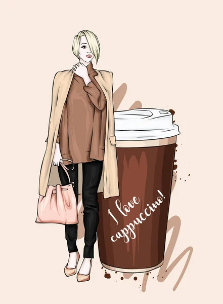 美丽的女孩正坐在一杯咖啡上 明信片或海报的矢量插图 手绘咖啡要走了时尚与时尚 — 图库矢量图片