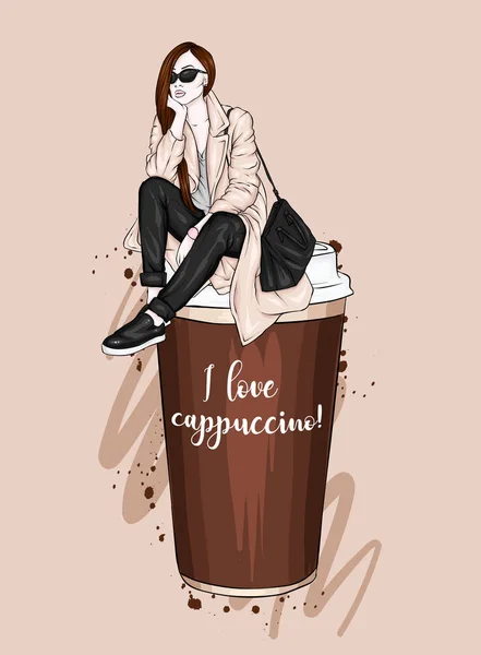 Beautiful Girl Sitting Glass Coffee Vector Illustration Postcard Poster Hand — Stock Vector