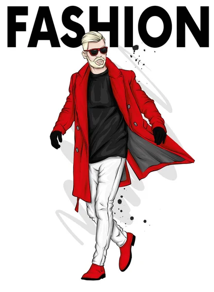 Hombre Guapo Con Abrigo Largo Pantalones Zapatos Gafas Mira Moda — Vector de stock