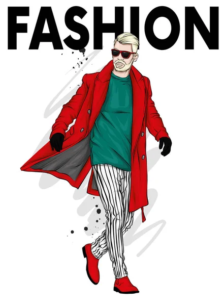 Hombre Guapo Con Abrigo Largo Pantalones Zapatos Gafas Mira Moda — Vector de stock