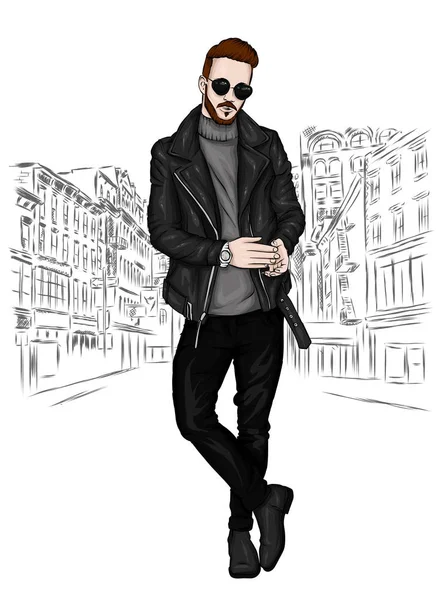 Knappe Vent Stijlvolle Kleren Hipster Vectorillustratie — Stockvector