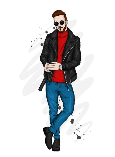 Knappe Vent Stijlvolle Kleren Hipster Vectorillustratie — Stockvector