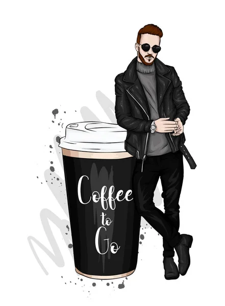 Stilig Kille Snygga Kläder Hipster Vektorillustration Ett Stort Glas Kaffe — Stock vektor