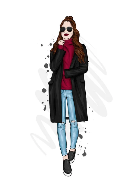 Beautiful Tall Slender Girl Stylish Coat Trousers Glasses Stylish Woman — Stock Vector