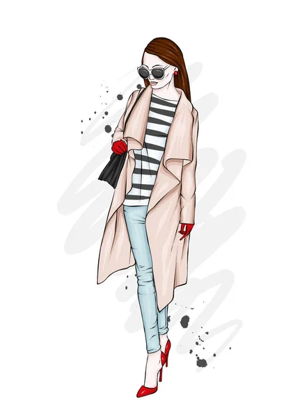 Chica Hermosa Alta Delgada Abrigo Elegante Pantalones Gafas Mujer Con — Vector de stock