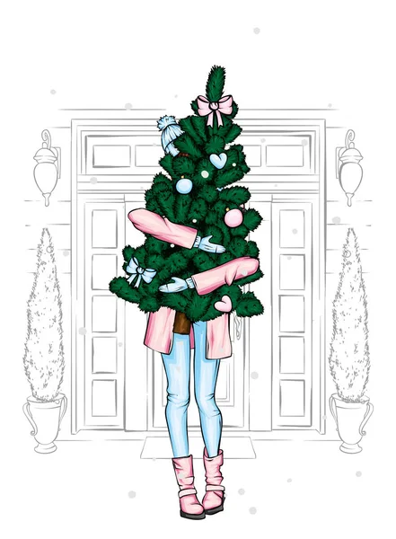 Ein Schönes Mädchen Mantel Und Stiefeln Hält Einen Weihnachtsbaum Der — Stockvektor