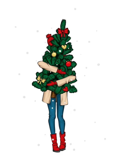 Güzel bir kız bir ceket ve çizme bir Noel ağacı tutuyor. Yeni yıl ve Noel. Tatiller ve kış. Vektör çizim için bir kartpostal veya bir poster. Moda illüstrasyon.