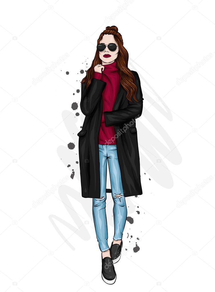 Beautiful, tall and slender girl in a stylish coat, trousers, and glasses. Stylish woman in high-heeled shoes. Fashion & Style. Vector illustration.