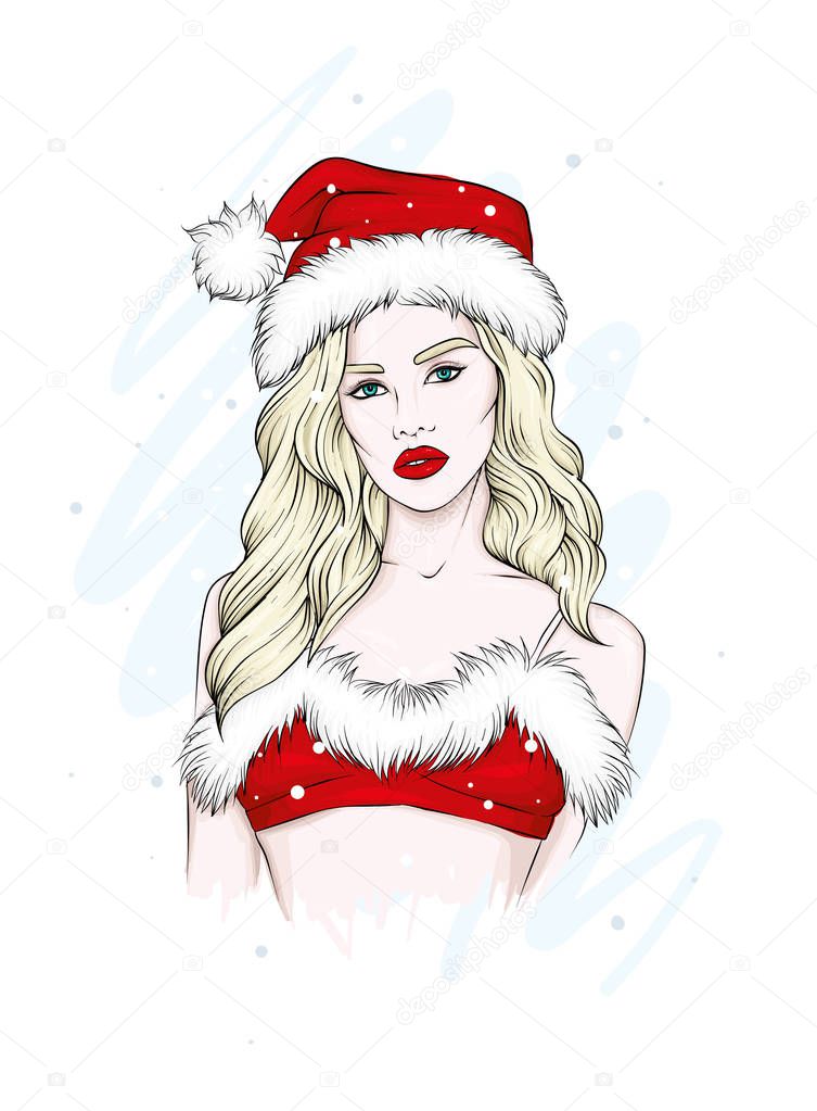 Beautiful girl with long hair in a New Year's cap and bra. Sexy Snow Maiden. Vector illustration for a postcard or a poster, print for clothes. New Year's and Christmas.