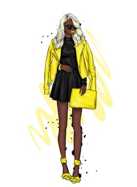 Gözlük, bir ceket, etek ve topuklu çizmeler uzun saçlı güzel bir kız. Vektör çizim bir kartpostal veya poster, giysiler için yazdırma için. Moda ve stil. Şık görünüm.