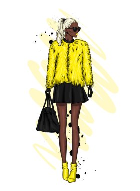 Gözlük, kürk ceket, etek ve topuklu çizmeler uzun saçlı güzel bir kız. Vektör çizim bir kartpostal veya poster, giysiler için yazdırma için. Moda ve stil. Şık görünüm.