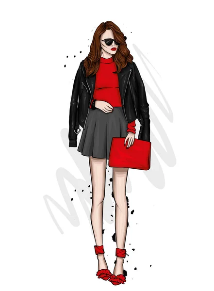 ジャケット スカート ハイヒールのブーツで長髪の美しい少女 ベクトル イラストはがきやポスター 服のプリント ファッションとスタイル ファッショナブルな外観 — ストックベクタ