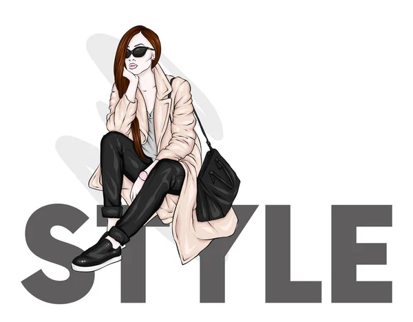 Beautiful Tall Slender Girl Stylish Coat Trousers Glasses Stylish Woman — Stock Vector