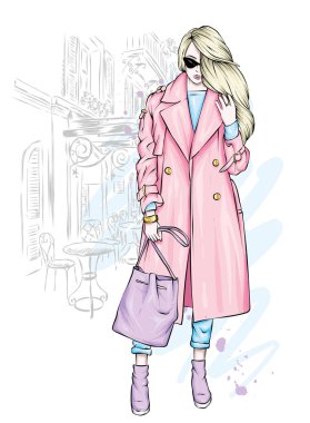 Güzel, uzun boylu ve ince kız şık bir ceket ve pantolon. Şık kadın yüksek topuklu ayakkabı. Moda ve stil. Vektör çizim.