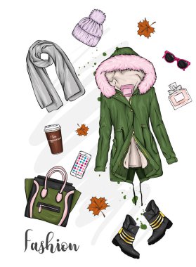 Şık kadın giyim ve aksesuarları kümesi. Ceket, Mont, Ayakkabı, çanta, Ayakkabı, şapka, bardak kahve ve parfüm. Sonbahar, kış ve bahar. Moda ve stil. Vektör çizim.
