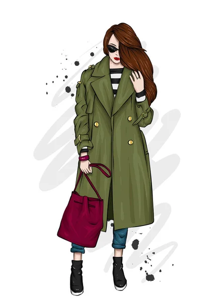 Beautiful Tall Slender Girl Stylish Coat Trousers Stylish Woman High — Stock Vector