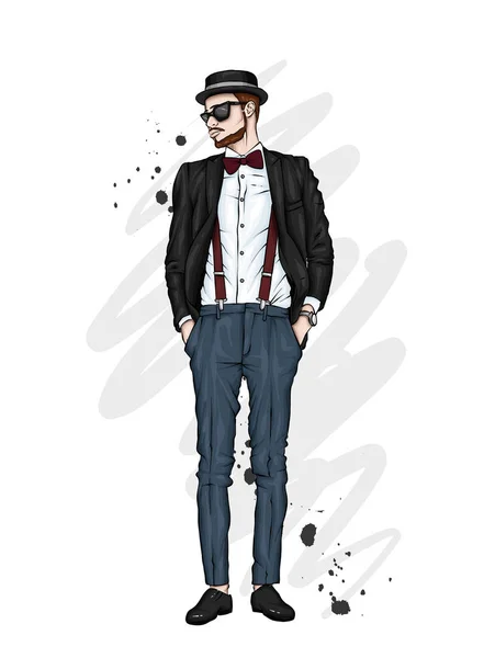 Knappe Jongen Stijlvolle Kleding Hoed Hipster Vectorillustratie — Stockvector