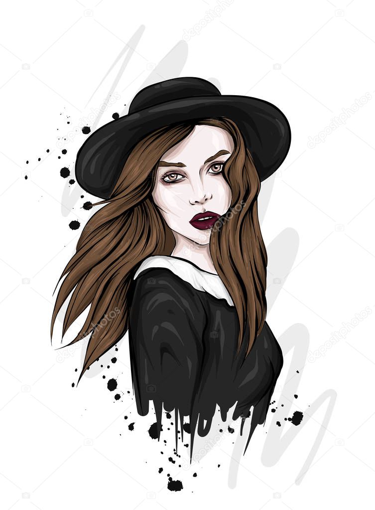 Beautiful girl in a hat. Girl with long hair. Vector illustration for a postcard or a poster, print for clothes. Fashion & Style. Vintage.