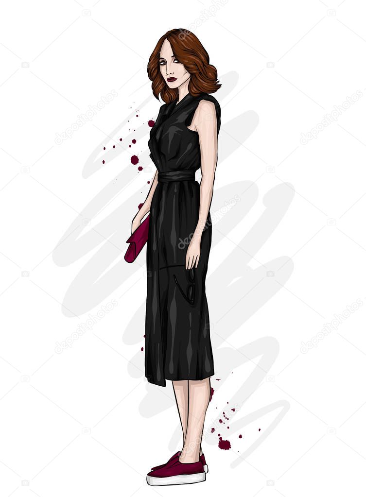 A girl in a beautiful dress. Vector illustration. Clothing and accessories, vintage and retro.