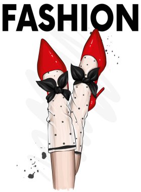 Şık ayakkabılı, topuklu ve dantel çoraplı kadın bacakları. Moda, tarz, giysi ve aksesuarlar. Ayakkabılar. Bir kartpostal ya da poster için vektör çizimi, giysiler için baskı. Eski ve eski.