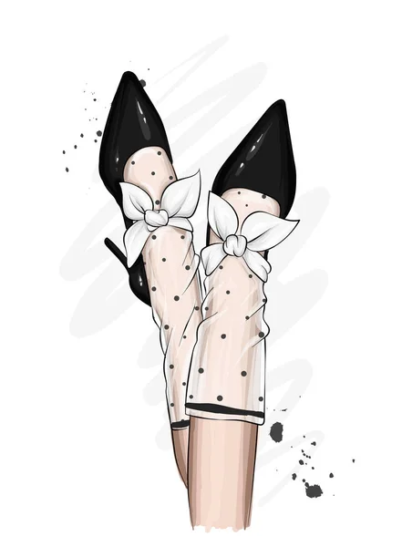 Kobiece Nogi Stylowych Butach Obcasami Skarpetkami Koronki Moda Styl Ubrania — Wektor stockowy