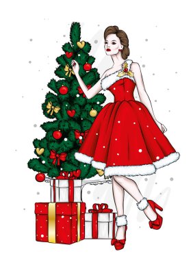Akşam elbiseli güzel kız. Yeni yıl ve Noel, Noel ağacı ve hediyeler. Vektör çizim bir kartpostal veya poster, giysiler için yazdırma için. Kış tatili.