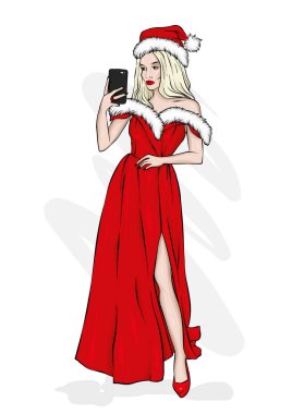 Güzel bir gece elbisesi içinde uzun boylu, ince bir kız. Moda ve stil. Vektör çizim. Noel ve yeni yıl.