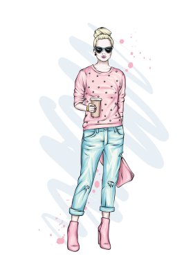 Güzel yüksek pantolon, gözlük ve bir kazak. Şık giysiler ve aksesuarlar. Şık kadın. Vektör çizim. Moda ve stil. Moda bakmak.