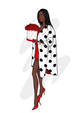 Şık bir ceket, pantolon, gözlük, gözlük güzel, uzun boylu ve ince kız. Şık kadın yüksek topuklu ayakkabı. Moda ve stil. Vektör çizim.