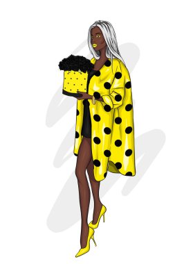 Şık bir ceket, pantolon, gözlük, gözlük güzel, uzun boylu ve ince kız. Şık kadın yüksek topuklu ayakkabı. Moda ve stil. Vektör çizim.