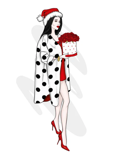 Hermosa Chica Abrigo Con Ramo Rosas Moda Mujer Flores Navidad — Vector de stock