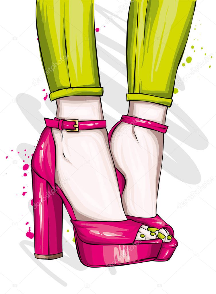 Long slender legs in tight trousers and high-heeled shoes. Fashion, style, clothing and accessories. Vector illustration. Stylish girl.