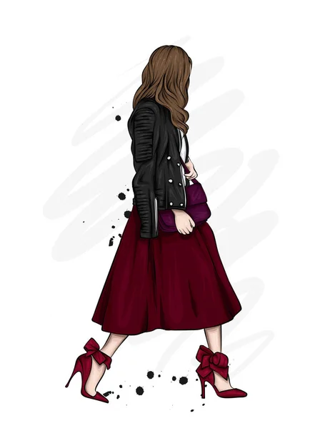 Gadis Cantik Dengan Rok Panjang Jaket Kulit Dan Sepatu Hak - Stok Vektor
