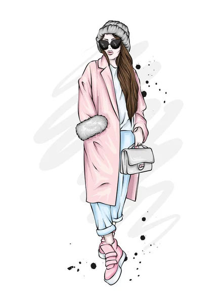 苗条的女孩穿着时髦的大衣 裤子和眼镜 穿高跟鞋的时髦女人 时尚和风格 矢量插图 — 图库矢量图片