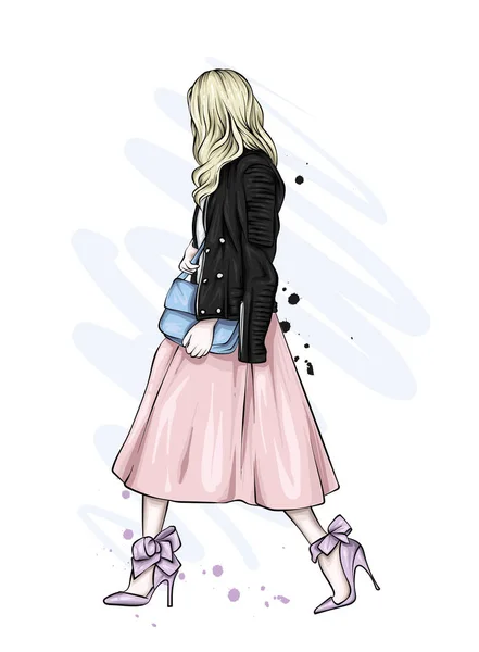 Beautiful Girl Long Skirt Leather Jacket High Heeled Shoes Vector Stock Illustration