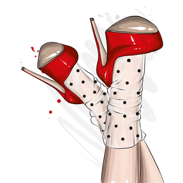 Женские Ноги Стильной Обуви Каблуках Кружевных Носках Мода Стиль Одежда — стоковый вектор