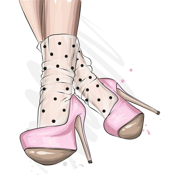 Жіночі Ноги Стильному Взутті Підборами Мереживними Шкарпетками Мода Стиль Одяг — стоковий вектор