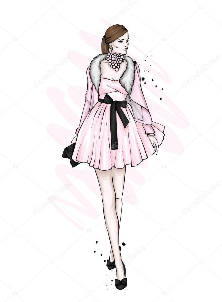 A girl in a beautiful vintage dress. Vector illustration. Clothing and accessories, vintage and retro.