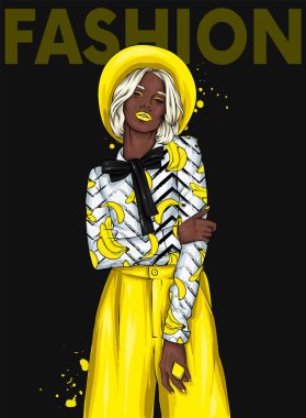 Güzel kız bir şapka, pantolon ve bluz. Moda ve stil, giyim ve aksesuarları. Vektör çizim için tebrik kartı veya poster.