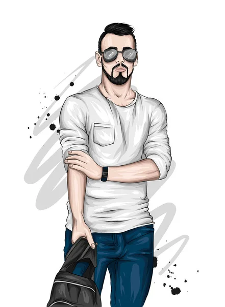 Knappe Jongen Stijlvolle Kleding Bril Vectorillustratie Voor Wenskaart Poster Fashion — Stockvector