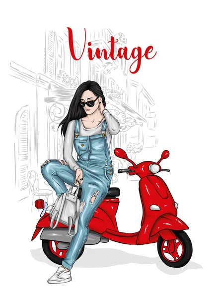 Belle Fille Combinaison Denim Assoit Sur Cyclomoteur Vintage Illustration Vectorielle — Image vectorielle